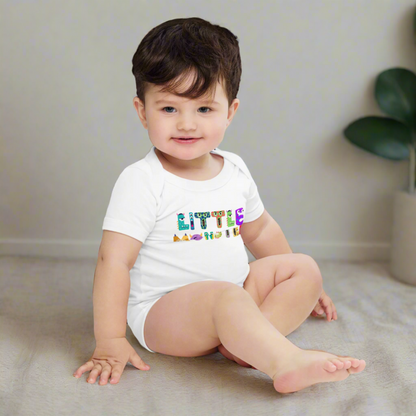 Baby onesie available in black or white. Features the words Little Monster, and each letter is in the shape of a cute cartoon monster, by jaecrece