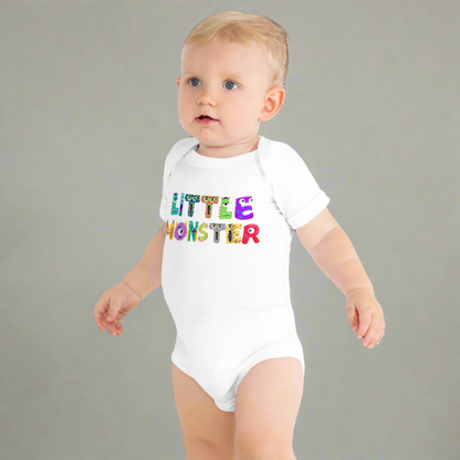 Baby onesie available in black or white. Features the words Little Monster, and each letter is in the shape of a cute cartoon monster, by jaecrece