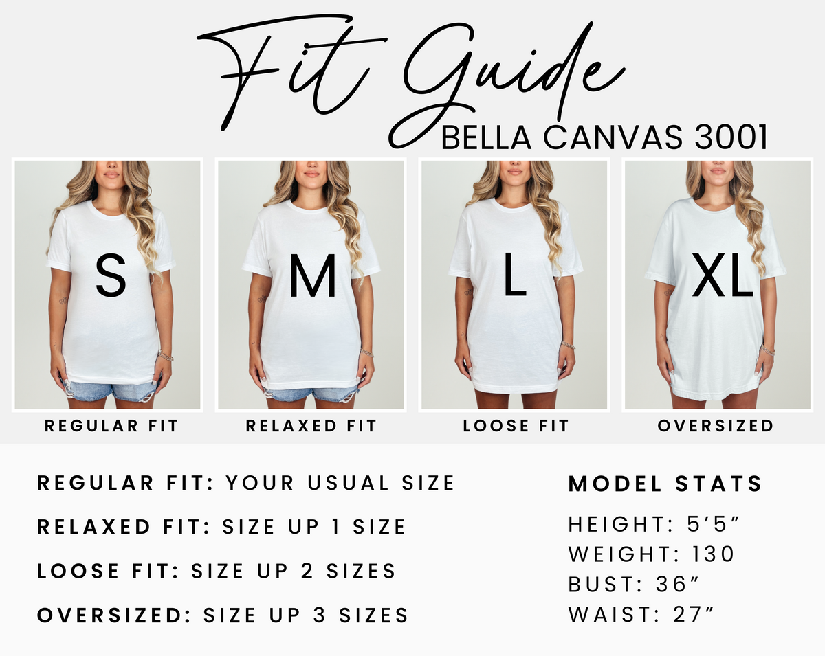 Fit guide for Bella Canvas 3001 t-shirt with size and fit information.