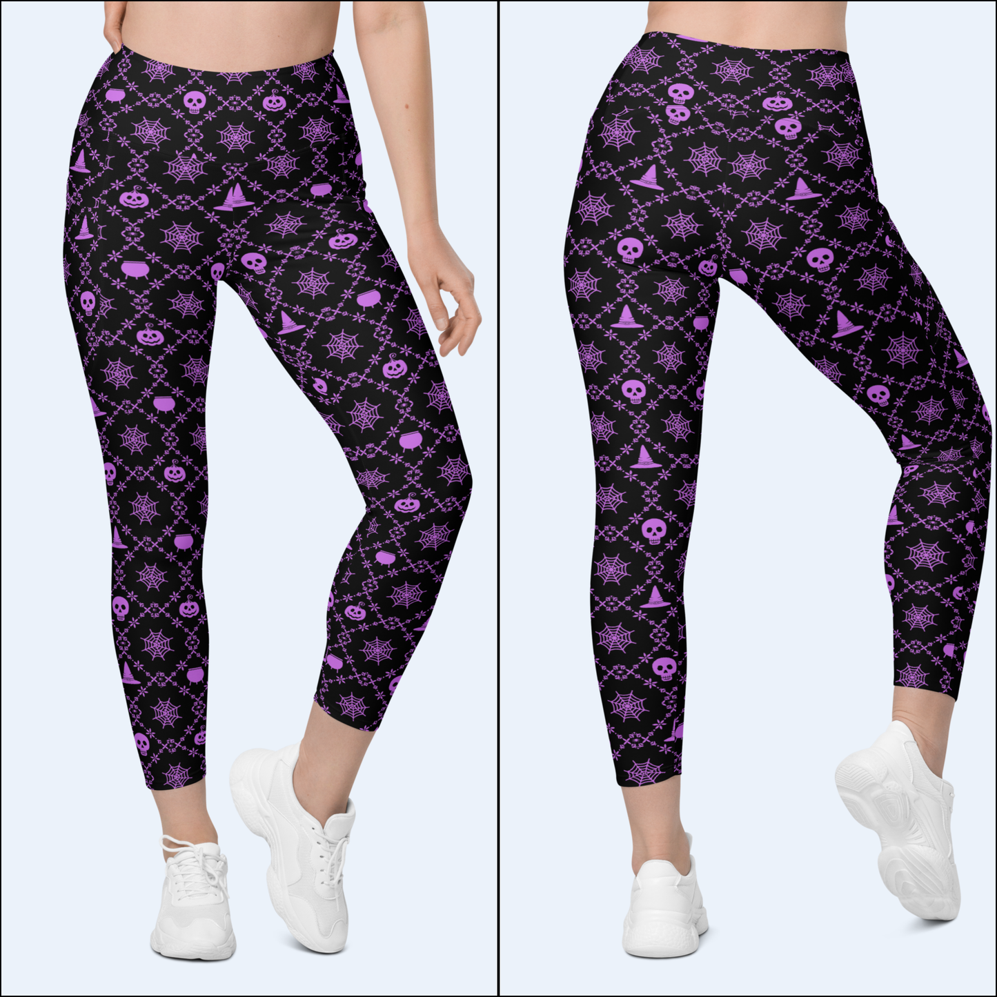Women's Halloween leggings with pockets featuring a playful purple and black geometric spooky print, high waist and compression fit, available in sizes 2XS through 6XL for inclusive sizing, perfect for Halloween outfits, fall festivals, pumpkin patches, trick or treating and everyday wear