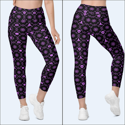 Women's Halloween leggings with pockets featuring a playful purple and black geometric spooky print, high waist and compression fit, available in sizes 2XS through 6XL for inclusive sizing, perfect for Halloween outfits, fall festivals, pumpkin patches, trick or treating and everyday wear
