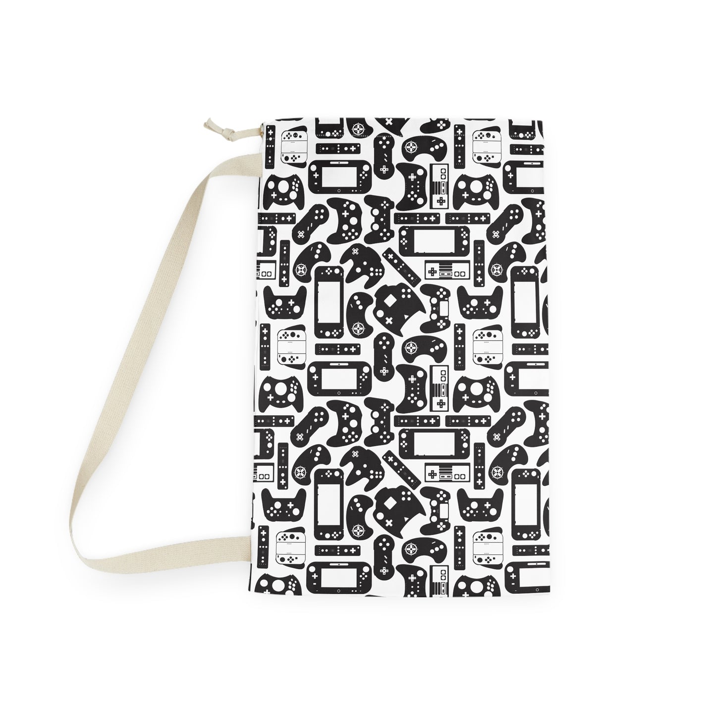 custom laundry bag with black and white video game controller pattern