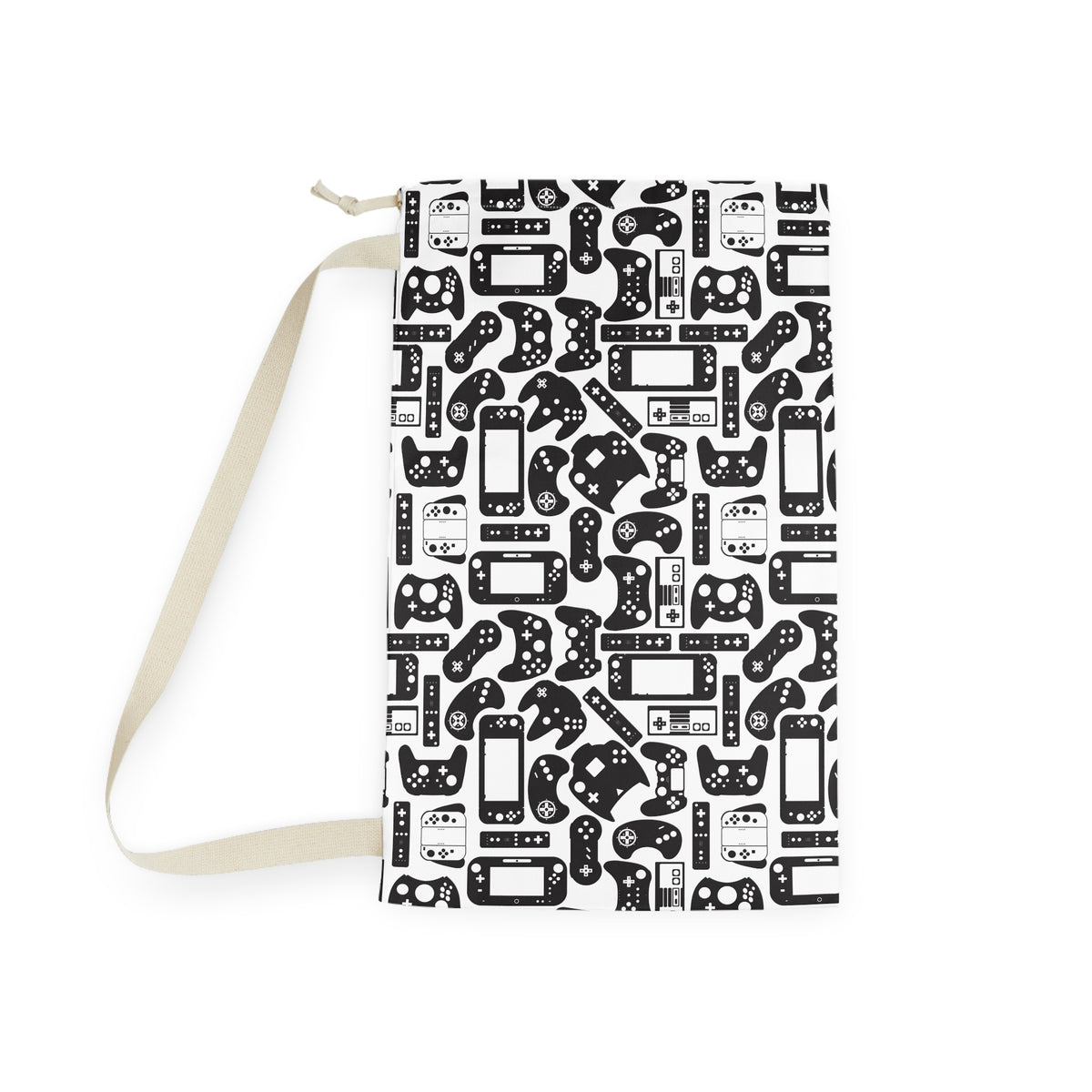 custom laundry bag with black and white video game controller pattern