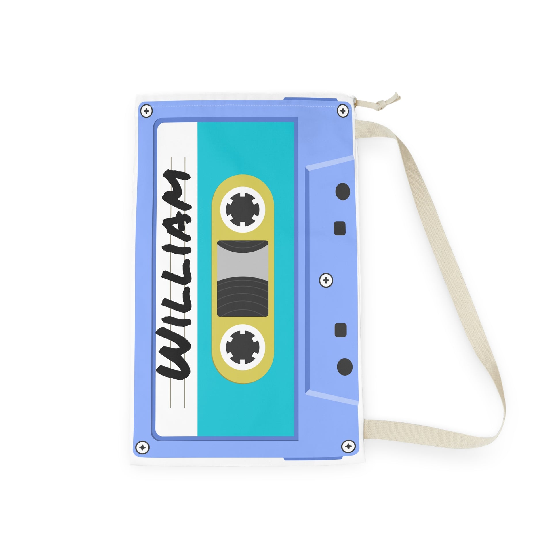 Custom laundry sack decorated with a vibrant blue background, colorful cassette tape pattern, and personalized name. The roomy 18 x 29 inch design includes a secure drawstring closure and sturdy shoulder strap for carrying clothes between bedrooms, dorm rooms, camp cabins, or laundromats. Bright retro graphics create a fun nostalgic appearance while helping keep laundry organized and easy to transport throughout the day.