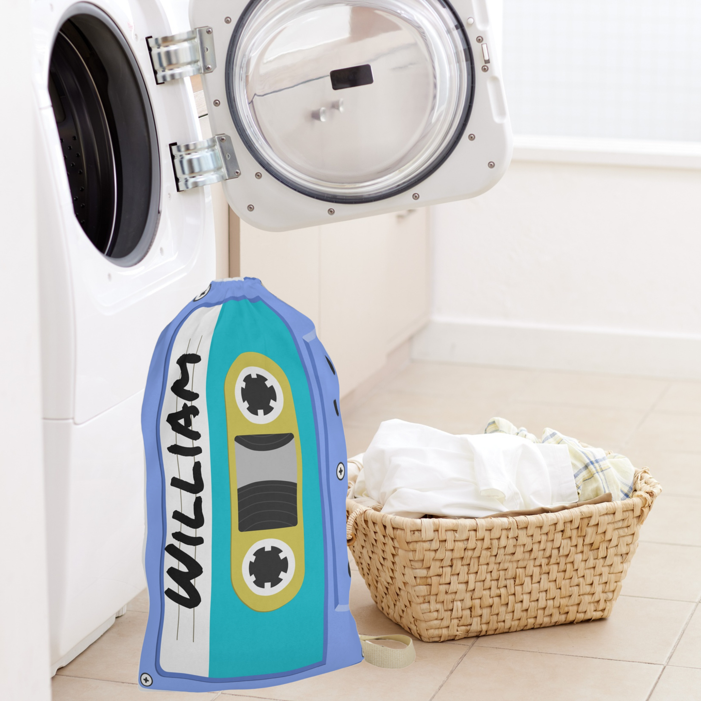 Large personalized laundry bag showcasing an all over cassette tape print on a bright blue background. Custom text is printed directly onto the fabric, creating a unique storage solution that is easy to identify in shared spaces. The drawstring closure helps secure contents while the woven shoulder strap allows comfortable carrying. Measuring 18 x 29 inches, it is suitable for college students, campers, travelers, and families.