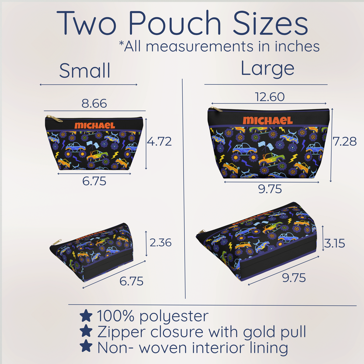 Two sizes of a personalized monster truck toiletry bag shown side by side with everyday travel toiletries for scale. The black kids travel pouches feature colorful monster trucks, oversized tires, lightning bolts and checkered racing flags with purple trim and zipper closures. The size comparison helps parents choose a boys toiletry bag for vacations, sleepovers, camp and road trips.