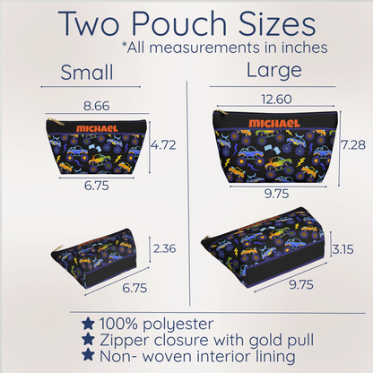 Two sizes of a personalized monster truck toiletry bag shown side by side with everyday travel toiletries for scale. The black kids travel pouches feature colorful monster trucks, oversized tires, lightning bolts and checkered racing flags with purple trim and zipper closures. The size comparison helps parents choose a boys toiletry bag for vacations, sleepovers, camp and road trips.