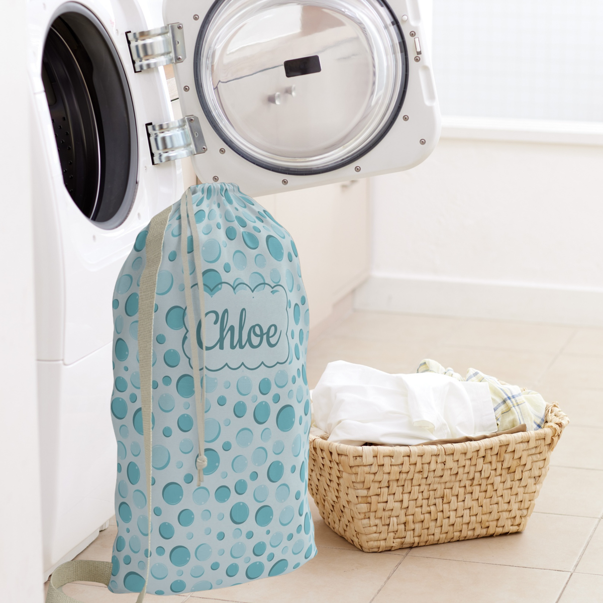 Blue Bubble Pattern Laundry Bag for Kids | Personalized Name Monogrammed Drawstring