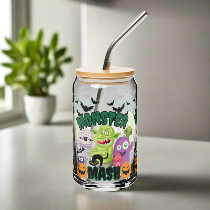 Monster Mash 16 Oz Sipper Glass, featuring cute Halloween, cartoon monsters, such as a mummy, troll, black, cat, bats, and friendly pumpkins, by jaecrece