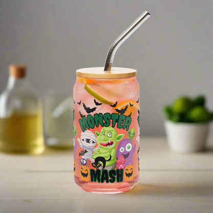 Monster Mash 16 Oz Sipper Glass, featuring cute Halloween, cartoon monsters, such as a mummy, troll, black, cat, bats, and friendly pumpkins, by jaecrece