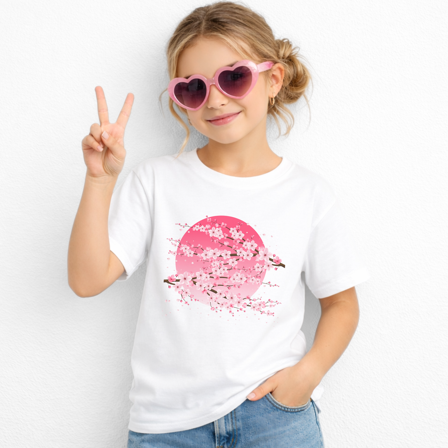Children's cherry blossom graphic tee featuring pink sakura blossoms against a rich moon inspired backdrop. This Japanese inspired kids shirt combines a playful floral design with an artistic look for everyday outfits.