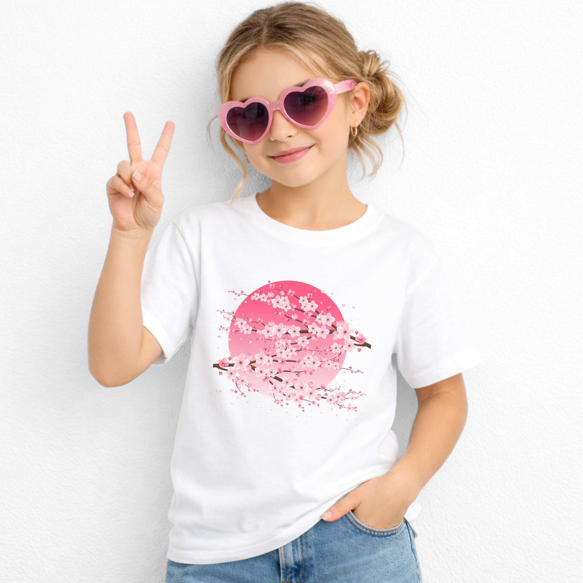 Children's cherry blossom graphic tee featuring pink sakura blossoms against a rich moon inspired backdrop. This Japanese inspired kids shirt combines a playful floral design with an artistic look for everyday outfits.