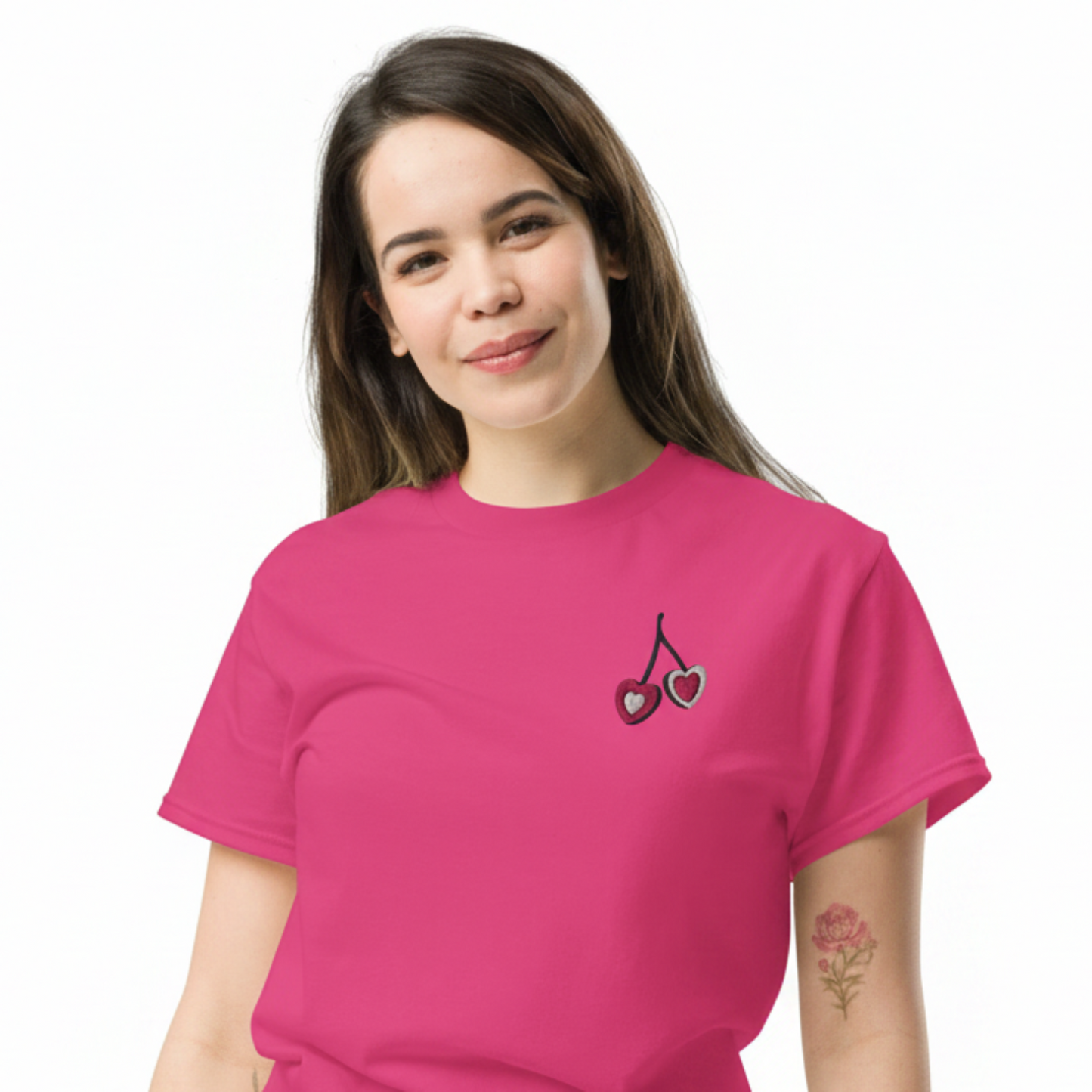 Women's embroidered cherry T shirt with a small heart shaped cherry design on the chest