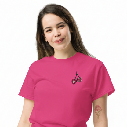 Women's embroidered cherry T shirt with a small heart shaped cherry design on the chest