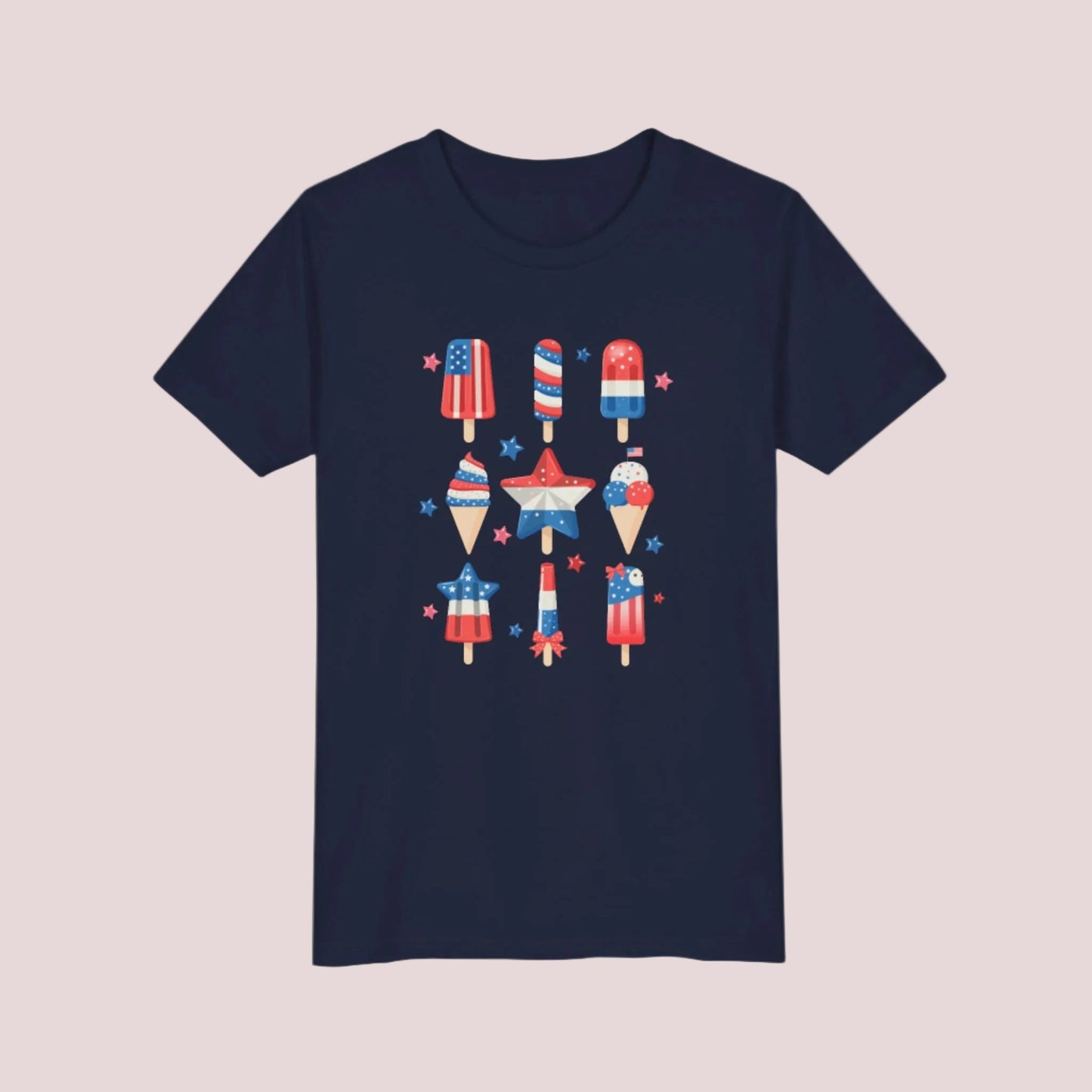 Image: Perfect for Independence Day fun, this child size popsicle shirt comes in S to XL and features a bold red white and blue theme. The colorful graphic adds a cheerful touch to any patriotic outfit, making it great for family barbecues, school events, or summer parties. Let your kid shine in this standout American tee during every holiday celebration, by jaecrece.