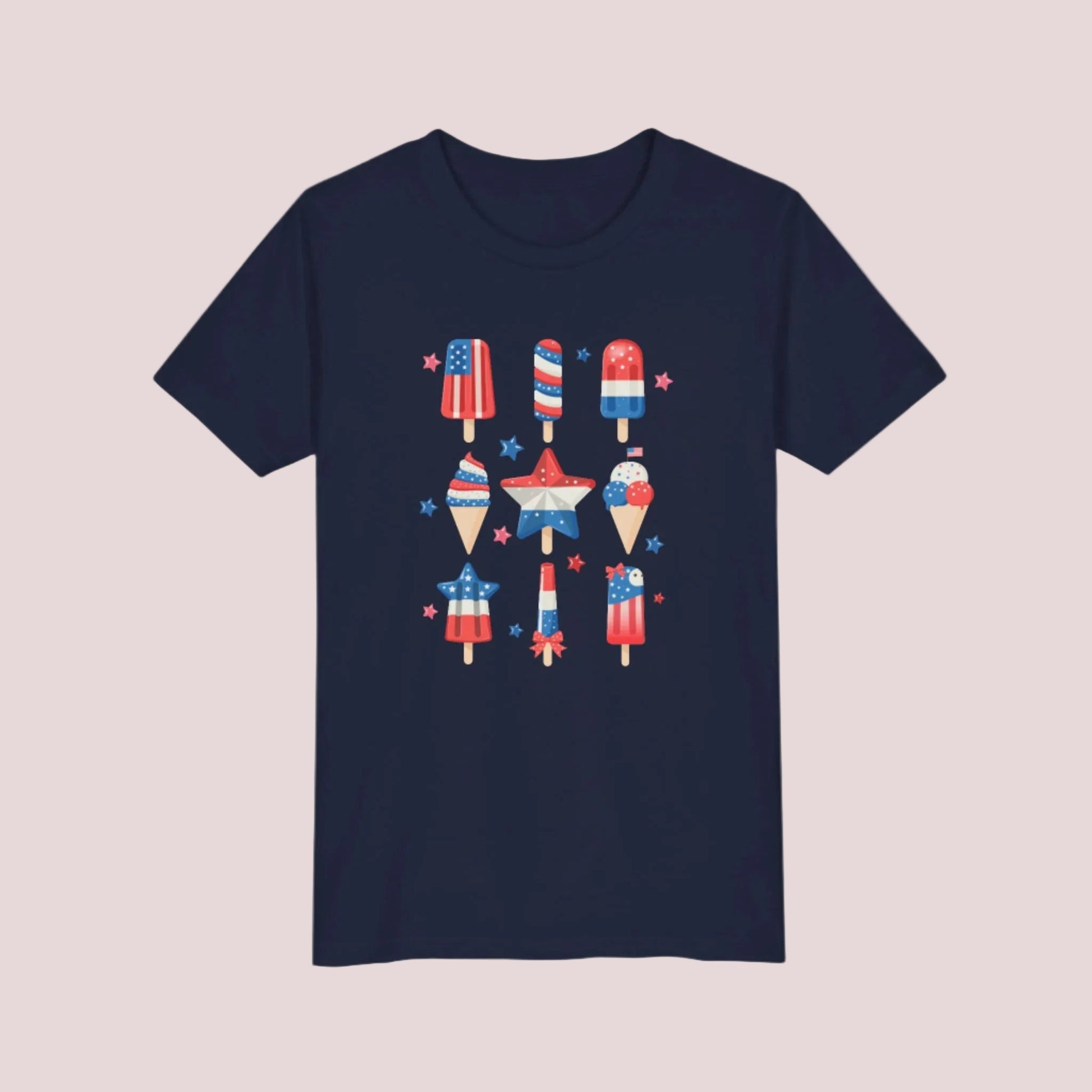 Image: Perfect for Independence Day fun, this child size popsicle shirt comes in S to XL and features a bold red white and blue theme. The colorful graphic adds a cheerful touch to any patriotic outfit, making it great for family barbecues, school events, or summer parties. Let your kid shine in this standout American tee during every holiday celebration, by jaecrece.
