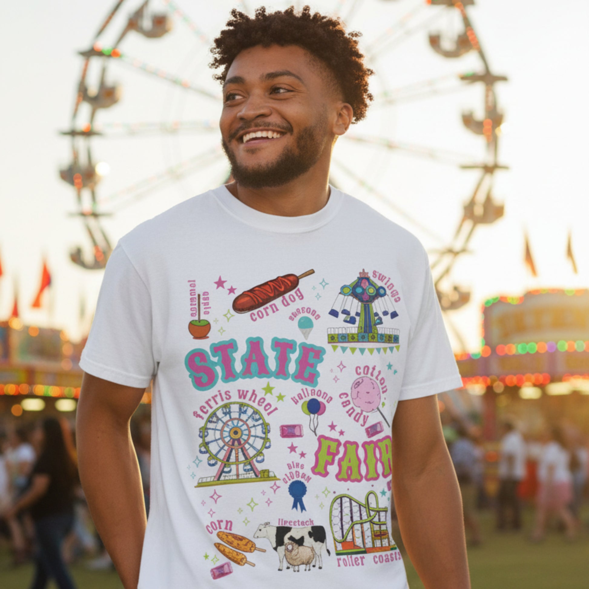 Colorful retro fair shirt artwork combines classic carnival and county fair imagery with playful lettering, featuring a Ferris wheel, roller coaster, swing ride, cotton candy, corn dogs, funnel cake, balloons, livestock, prize ribbon and tickets in bright pink, aqua, lime, orange and purple at local fairgrounds.