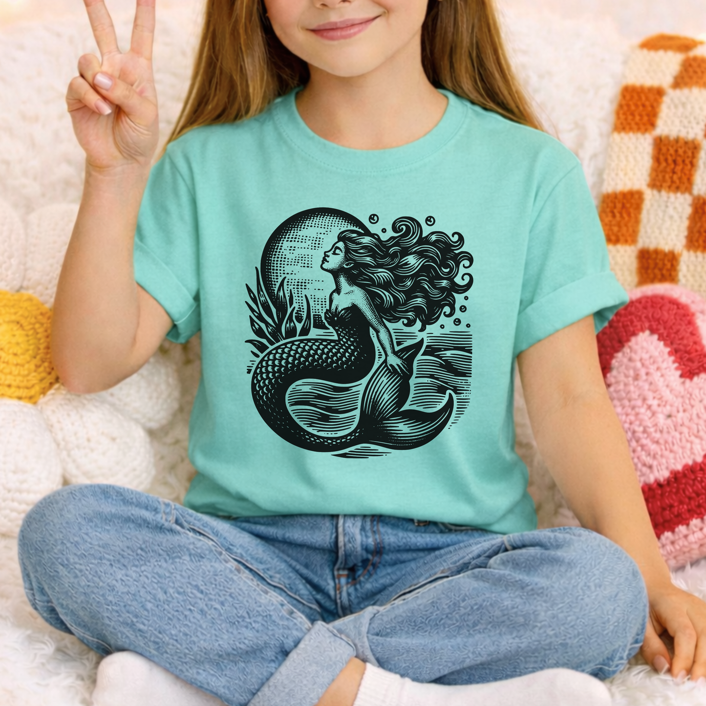 Comfort Colors youth t shirt with a linocut inspired mermaid illustration surrounded by textured ocean waves and a full moon creating a dreamy coastal aesthetic. This soft cotton girls graphic tee has a relaxed fit and vintage washed appearance perfect for everyday wear beach vacations boardwalk nights and matching mommy and me outfits. Ideal for girls who love ocean inspired fashion whimsical sea life artwork nautical style and comfortable oversized graphic tees.