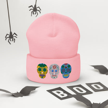 Dios de los Muertos Beanie, Day of the Dead Sugar Skull Winter Hat, available in pink or white, this knitted cap features 3 embroidered bright colored sugar skulls. This holiday is very important in the Latino community, and is a Mexican tradition. Hispanic Heritage Hat, by jaecrece