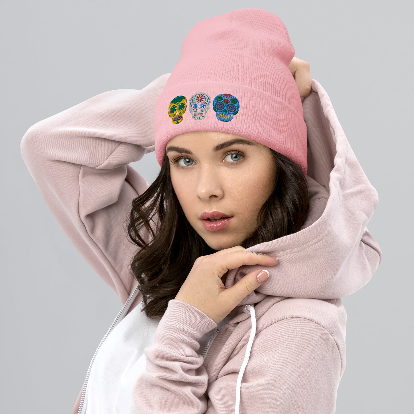 Dios de los Muertos Beanie, Day of the Dead Sugar Skull Winter Hat, available in pink or white, this knitted cap features 3 embroidered bright colored sugar skulls. This holiday is very important in the Latino community, and is a Mexican tradition. Hispanic Heritage Hat, by jaecrece