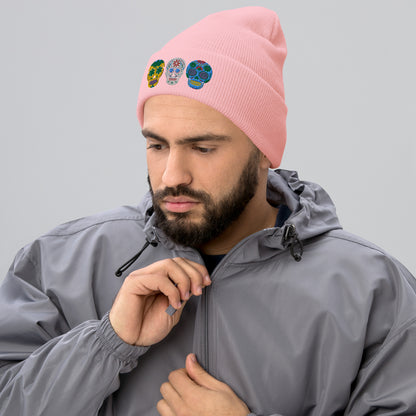 Dios de los Muertos Beanie, Day of the Dead Sugar Skull Winter Hat, available in pink or white, this knitted cap features 3 embroidered bright colored sugar skulls. This holiday is very important in the Latino community, and is a Mexican tradition. Hispanic Heritage Hat, by jaecrece