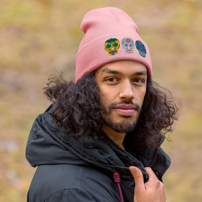 Dios de los Muertos Beanie, Day of the Dead Sugar Skull Winter Hat, available in pink or white, this knitted cap features 3 embroidered bright colored sugar skulls. This holiday is very important in the Latino community, and is a Mexican tradition. Hispanic Heritage Hat, by jaecrece