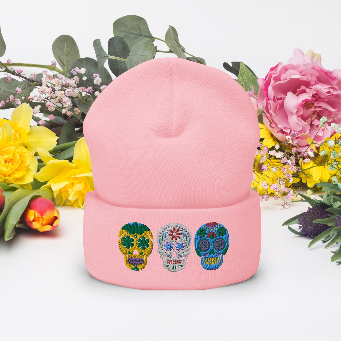 Dios de los Muertos Beanie, Day of the Dead Sugar Skull Winter Hat, available in pink or white, this knitted cap features 3 embroidered bright colored sugar skulls. This holiday is very important in the Latino community, and is a Mexican tradition. Hispanic Heritage Hat, by jaecrece