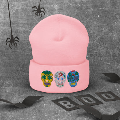 Dios de los Muertos Beanie, Day of the Dead Sugar Skull Winter Hat, available in pink or white, this knitted cap features 3 embroidered bright colored sugar skulls. This holiday is very important in the Latino community, and is a Mexican tradition. Hispanic Heritage Hat, by jaecrece