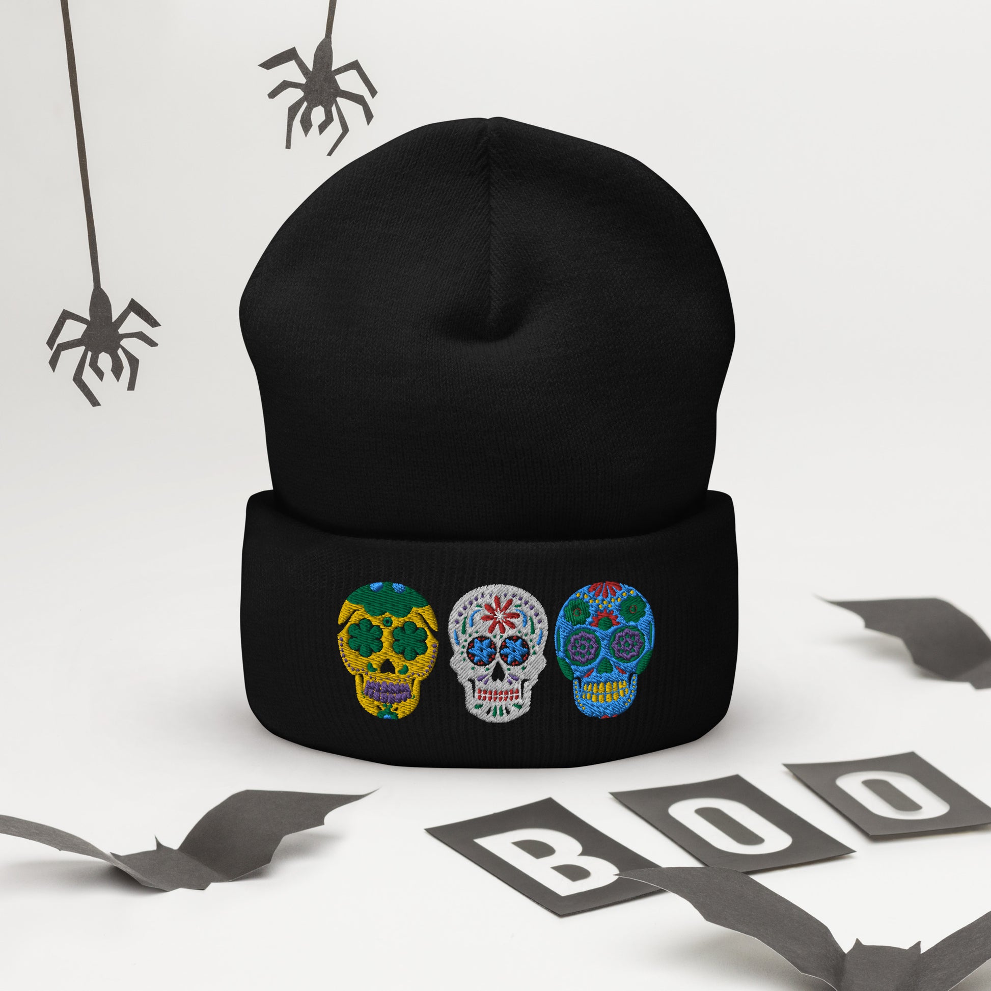 Dios de los Muertos Beanie, Day of the Dead Sugar Skull Winter Hat, available in pink or white, this knitted cap features 3 embroidered bright colored sugar skulls. This holiday is very important in the Latino community, and is a Mexican tradition. Hispanic Heritage Hat, by jaecrece