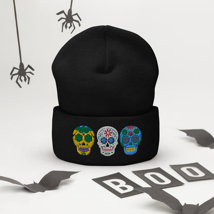 Dios de los Muertos Beanie, Day of the Dead Sugar Skull Winter Hat, available in pink or white, this knitted cap features 3 embroidered bright colored sugar skulls. This holiday is very important in the Latino community, and is a Mexican tradition. Hispanic Heritage Hat, by jaecrece