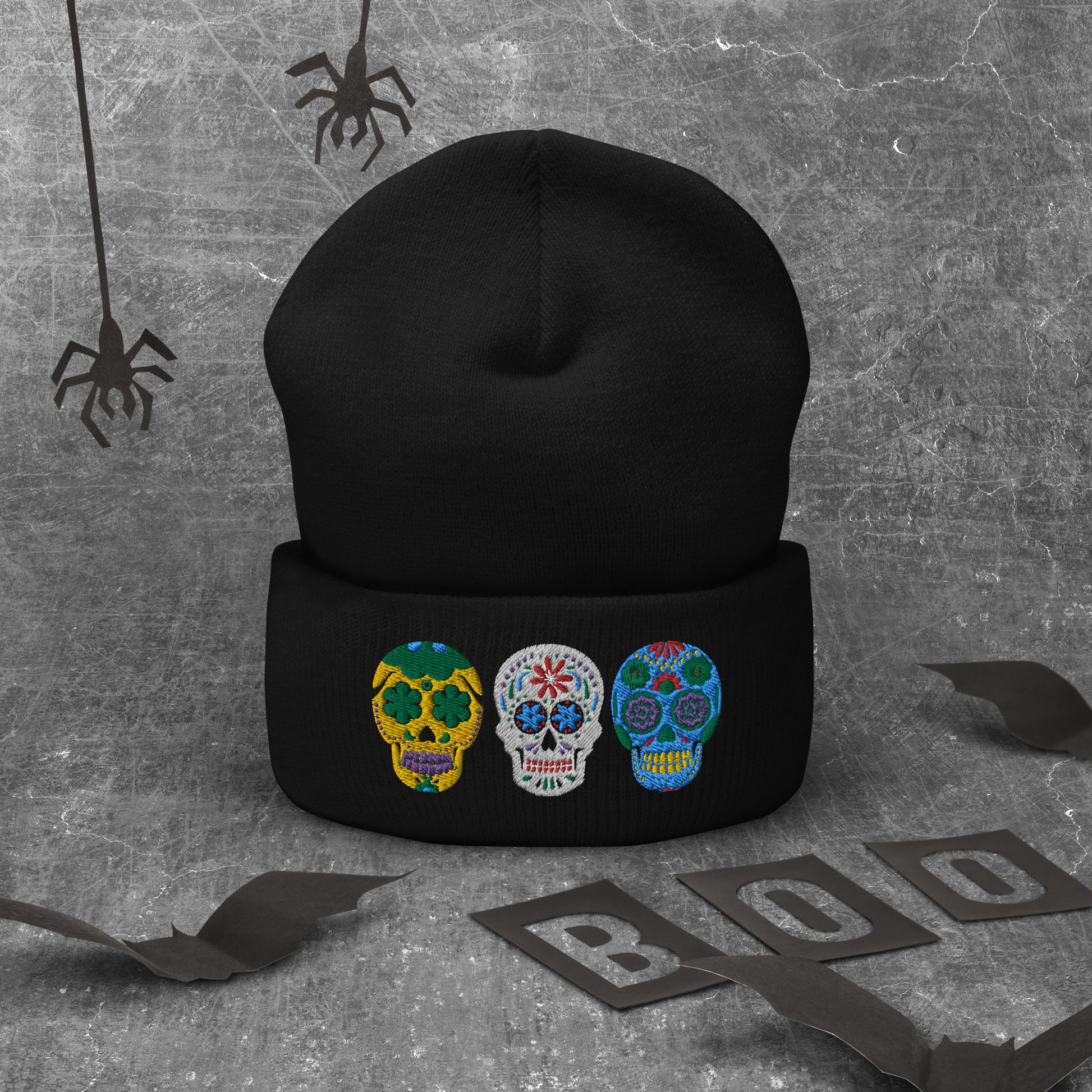 Dios de los Muertos Beanie, Day of the Dead Sugar Skull Winter Hat, available in pink or white, this knitted cap features 3 embroidered bright colored sugar skulls. This holiday is very important in the Latino community, and is a Mexican tradition. Hispanic Heritage Hat, by jaecrece