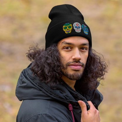 Dios de los Muertos Beanie, Day of the Dead Sugar Skull Winter Hat, available in pink or white, this knitted cap features 3 embroidered bright colored sugar skulls. This holiday is very important in the Latino community, and is a Mexican tradition. Hispanic Heritage Hat, by jaecrece