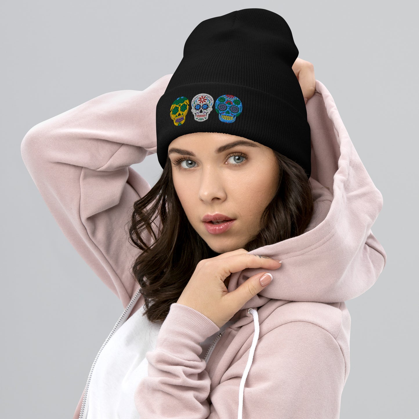 Dios de los Muertos Beanie, Day of the Dead Sugar Skull Winter Hat, available in pink or white, this knitted cap features 3 embroidered bright colored sugar skulls. This holiday is very important in the Latino community, and is a Mexican tradition. Hispanic Heritage Hat, by jaecrece