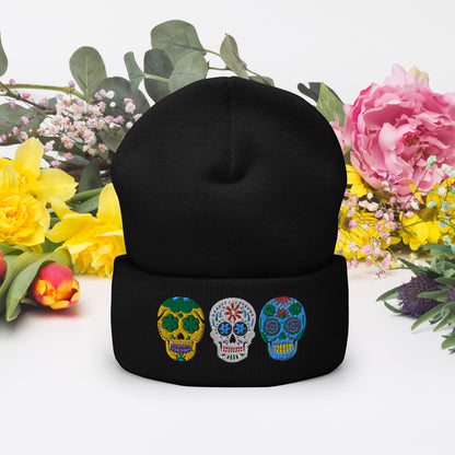 Dios de los Muertos Beanie, Day of the Dead Sugar Skull Winter Hat, available in pink or white, this knitted cap features 3 embroidered bright colored sugar skulls. This holiday is very important in the Latino community, and is a Mexican tradition. Hispanic Heritage Hat, by jaecrece