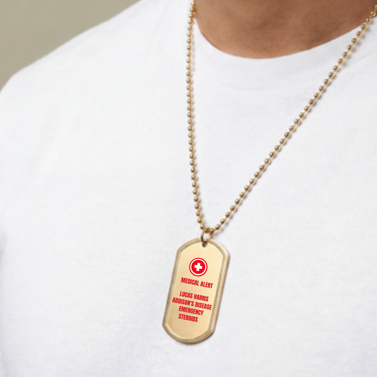 Child wearing a personalized medical alert necklace with a custom stainless steel medical ID dog tag. Emergency medical jewelry designed for everyday wear at school, summer camp, sports, travel, and other daily activities.