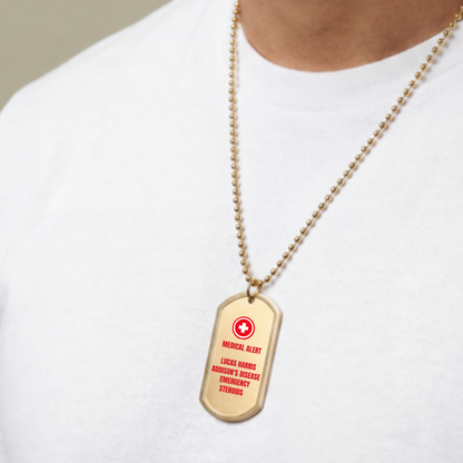 Child wearing a personalized medical alert necklace with a custom stainless steel medical ID dog tag. Emergency medical jewelry designed for everyday wear at school, summer camp, sports, travel, and other daily activities.
