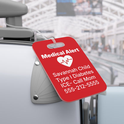 Close up of a custom medical alert luggage tag showing front personalization with name, diagnosis, medical information, and ICE contact. Personalized medical ID bag tag helps communicate important health details for allergies, diabetes, asthma, chronic illness, and other medical needs.