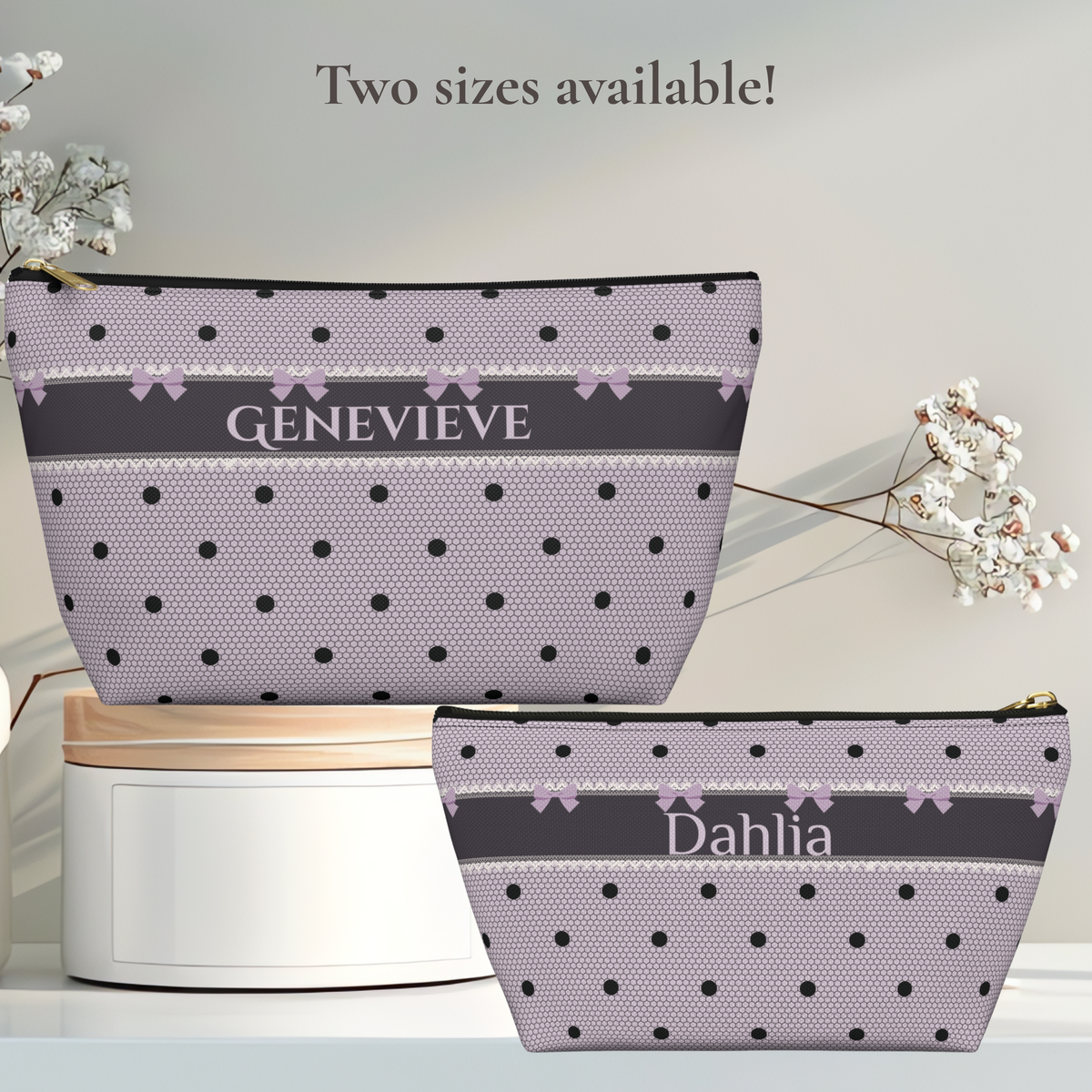 Personalized polka dot makeup bag with a feminine lavender and black bow design, lace inspired details and elegant lettering. This custom makeup bag has a canvas zipper pouch construction and can be personalized with a name or monogram. The gothic coquette and dark romance aesthetic makes it a stylish cosmetic pouch for makeup, skincare and travel essentials.