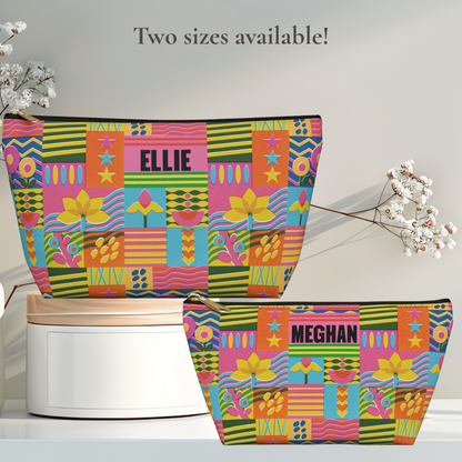 Retro personalized pencil pouch featuring a colorful mix of flowers, stripes, stars, wavy lines, and geometric shapes. The custom name adds a special touch while the roomy pouch provides space for pencils, pens, markers, erasers, and other school supplies. Its cheerful eclectic design also works beautifully as an art supply bag for creative kids, tweens, teens, and anyone who loves colorful accessories.