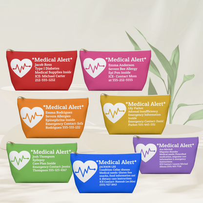 Six customizable medical alert pouches in different colors (red, pink, orange, yellow, green, blue) arranged in two rows on a light beige background with a decorative leaf on the right. Each pouch features a white heart with a heartbeat line and customizable text for medical alerts. Personalized kids medical alert pouch with custom name medical condition and emergency contact information for school camp travel and everyday use.