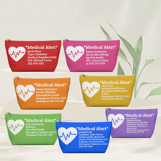 Six customizable medical alert pouches in different colors (red, pink, orange, yellow, green, blue) arranged in two rows on a light beige background with a decorative leaf on the right. Each pouch features a white heart with a heartbeat line and customizable text for medical alerts. Personalized kids medical alert pouch with custom name medical condition and emergency contact information for school camp travel and everyday use.