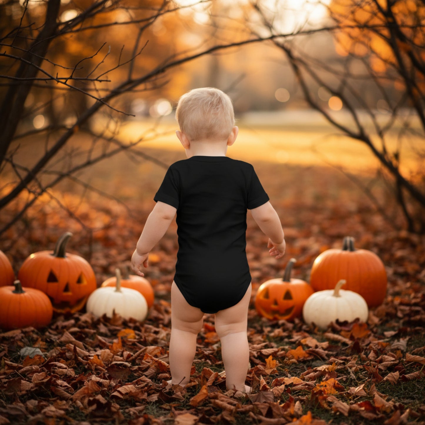 Baby Halloween bodysuit with a cute ghost and Spooky Mini Vibes lettering in orange and cream on a black background. The retro inspired design makes this a fun choice for baby's first Halloween, pumpkin patch photos, Halloween parties, and matching family outfits.