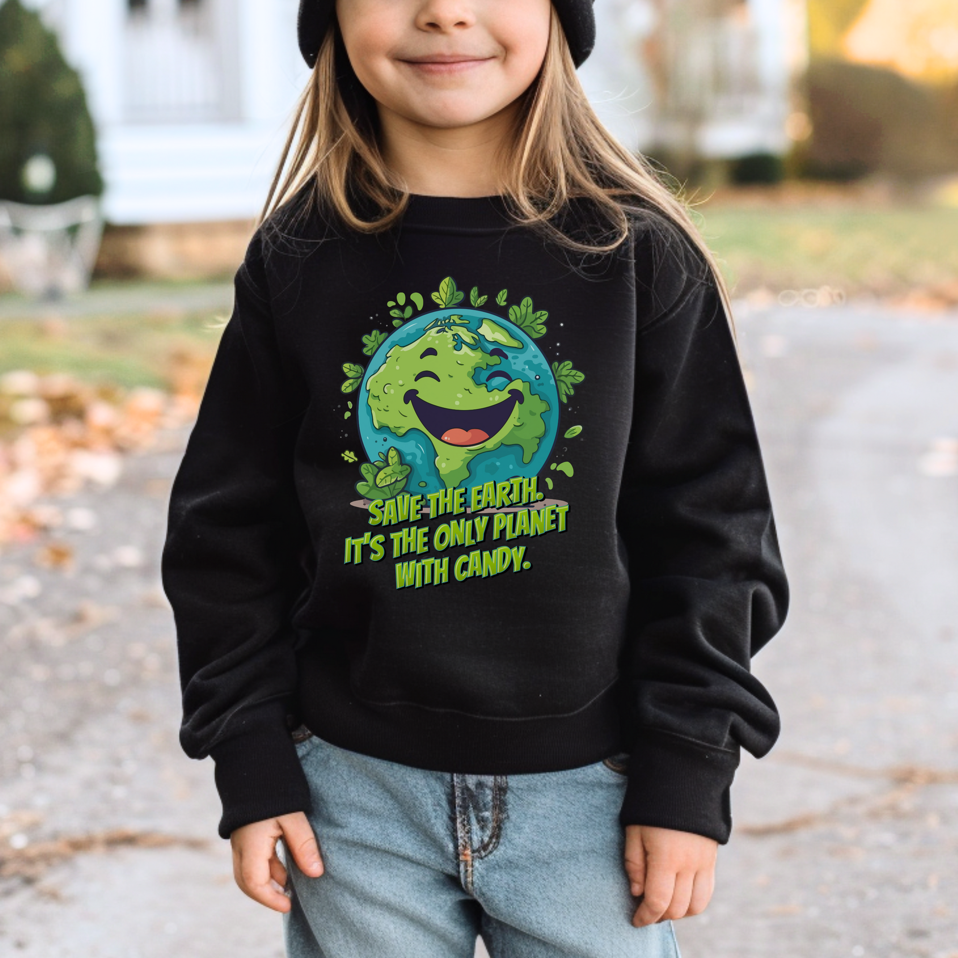 Cute planet Earth sweatshirt for children featuring a happy smiling Earth, leafy nature accents and a funny Save Earth candy slogan. This kids Earth Day sweatshirt is perfect for classroom celebrations, Earth Day events, spring clothing, nature lovers and environmentally minded families.