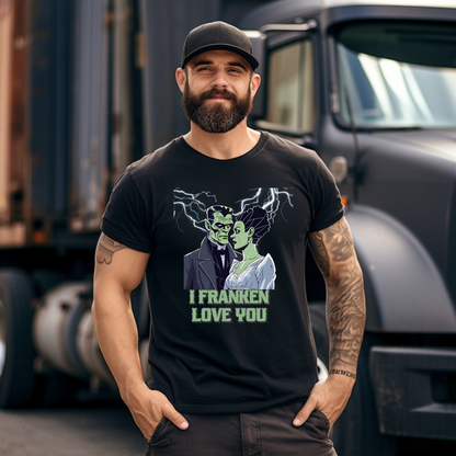 Funny romantic Halloween shirt with Frankenstein and Bride of Frankenstein sharing love under lightning. Black unisex Gildan 64000 tee, S-5XL, perfect for Halloween humor, monster graphic lovers, couples gifts, and spooky party outfits.