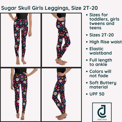Graphic showing four views of the Día de los Muertos leggings to highlight the colorful sugar skull and floral design, along with product details. The high waist, full length leggings are made for comfortable movement and are available in girls sizes 2T through 20, with matching women’s sizes available for Mommy and Me outfits.