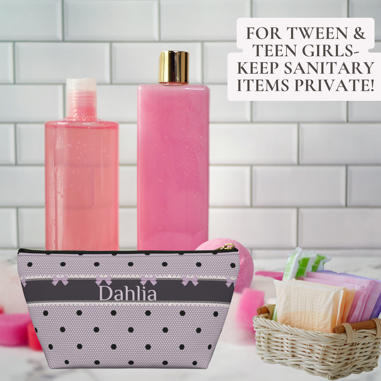 Discreet personalized pouch designed to carry pads, tampons and other period essentials privately and conveniently. The lavender and black canvas zipper pouch features a feminine gothic coquette design with bows, polka dots and lace inspired details. Customize it with a name or initials for a stylish personal accessory that fits easily into a backpack or travel bag.