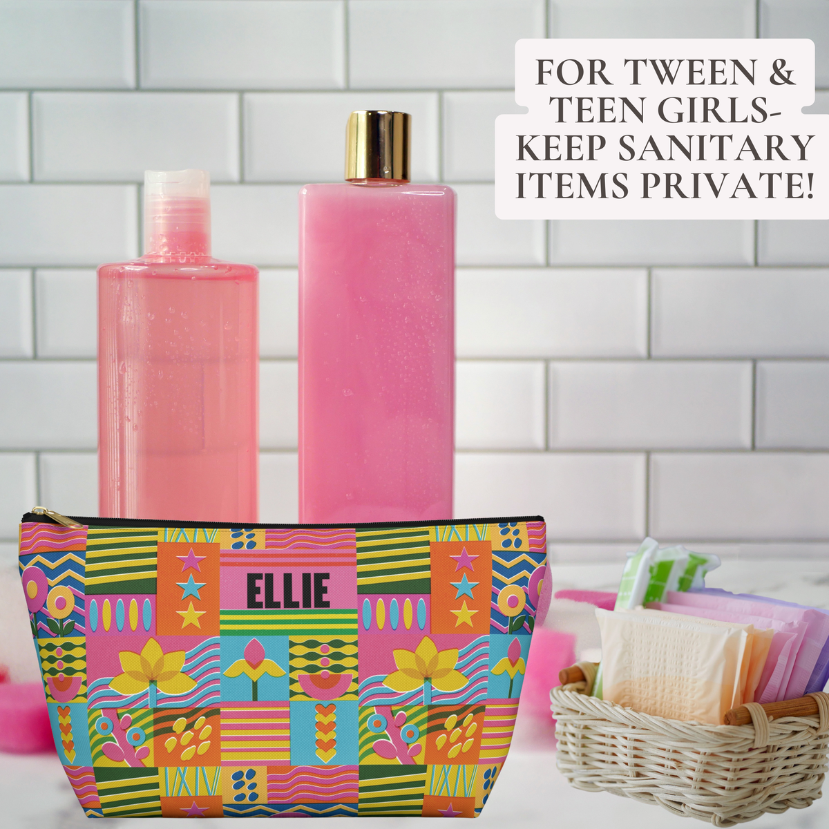 Personalized privacy pouch for teen and tween girls to discreetly carry sanitary pads and tampons during their period. This colorful retro floral pouch keeps period products organized and easy to carry in a backpack, purse, school bag, or overnight bag while providing a fun and personal alternative to carrying menstrual products loose in a bag.