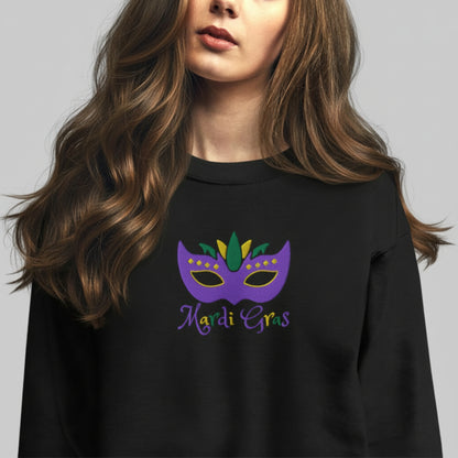 This adult Mardi Gras sweatshirt is perfect for stepping out in NOLA style. Featuring a vibrant embroidered Carnival mask and classic “Mardi Gras” text, it’s designed for everything from French Quarter fun to themed family photos. In sizes S–5XL, it’s a cozy way to bring New Orleans flair and bold Louisiana fashion to your seasonal wardrobe.