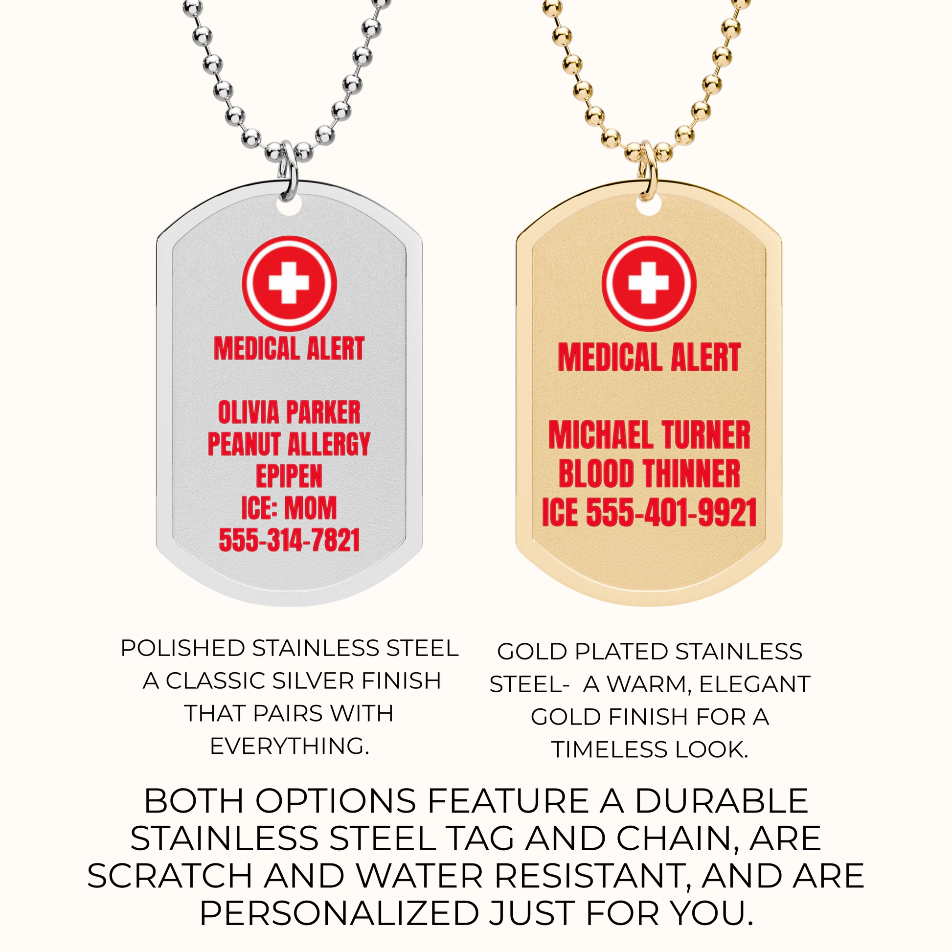 Two personalized dog tag necklaces shown side by side on a light cream background. The left tag is polished stainless steel with a silver finish and the right tag is gold plated stainless steel with a gold finish.