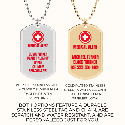 Two personalized dog tag necklaces shown side by side on a light cream background. The left tag is polished stainless steel with a silver finish and the right tag is gold plated stainless steel with a gold finish.